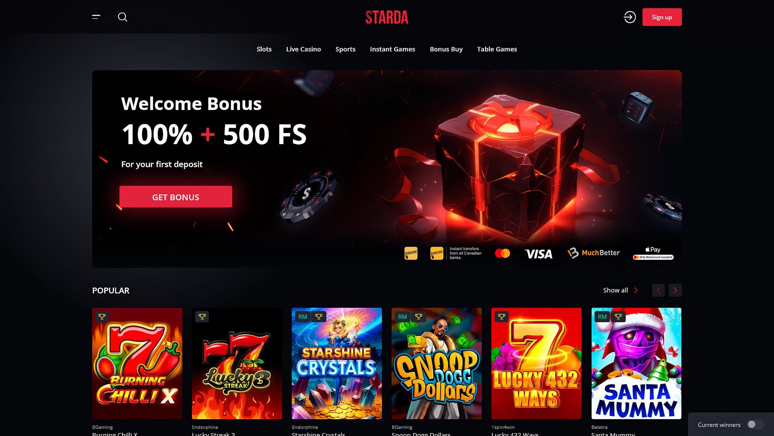 Starda Casino homepage featuring 100% plus 500 free spins welcome offer with payment method icons including Visa, Mastercard, and cryptocurrency options