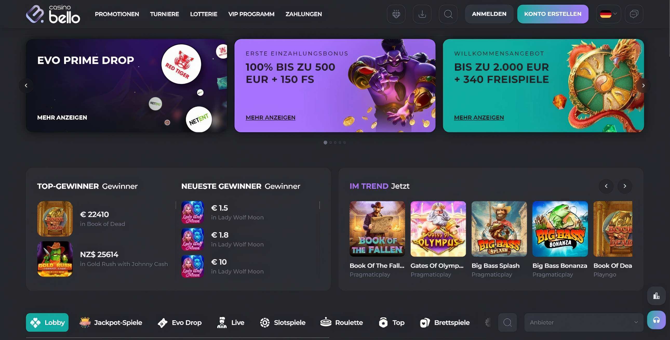 Casinobello Homepage Desktop