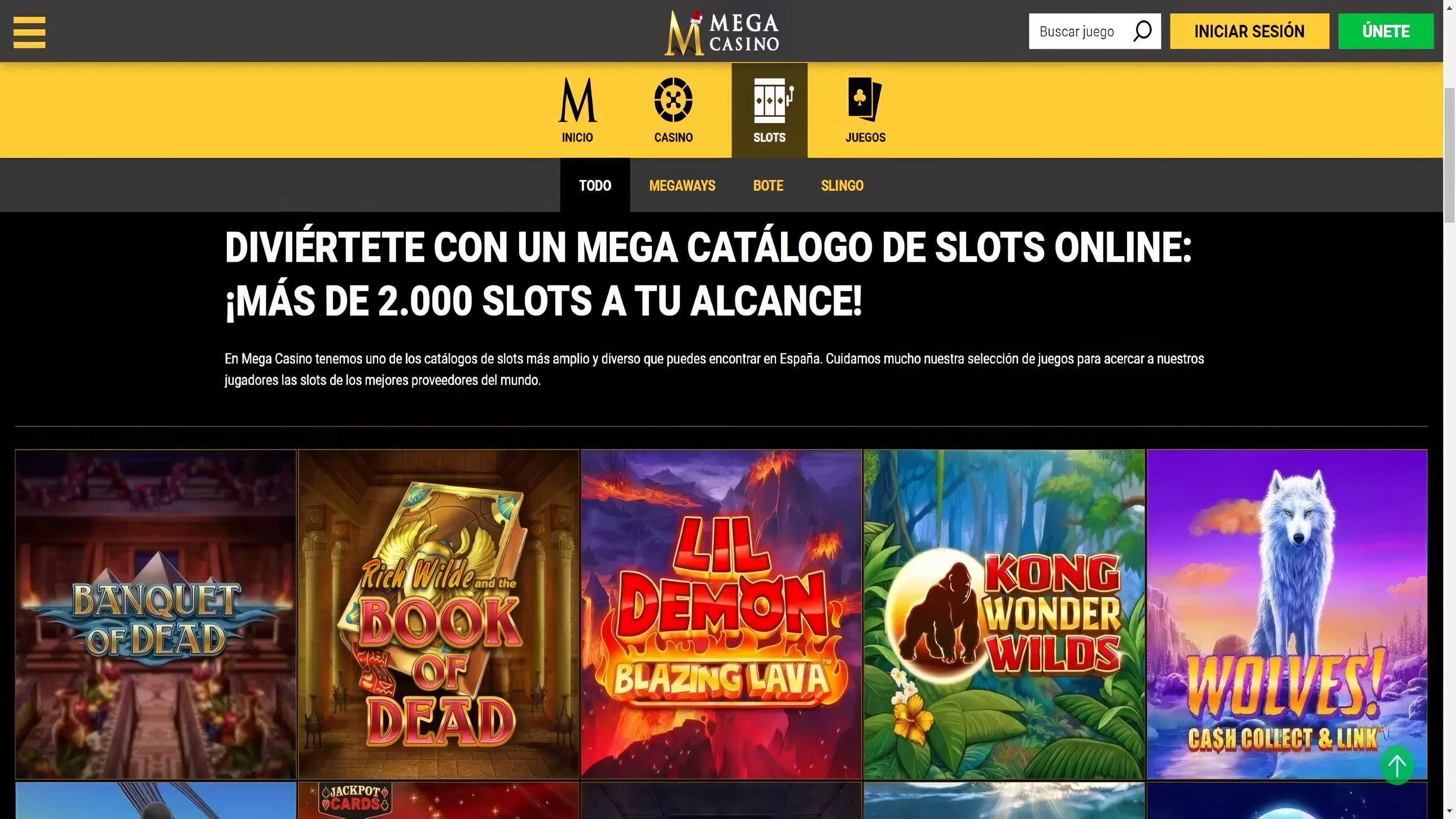 Lobby de slots de Mega Casino