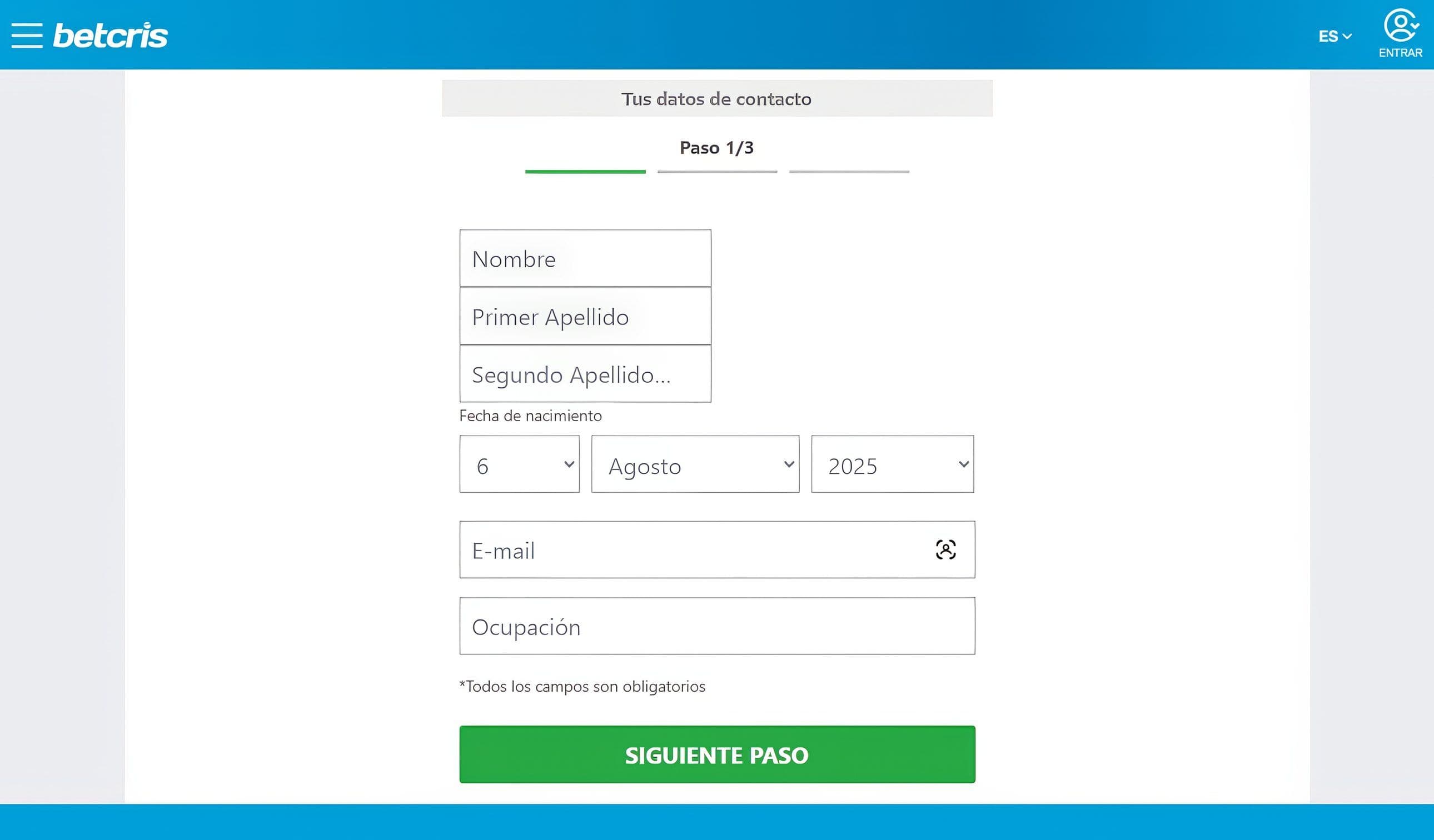 Registro en Betcris.