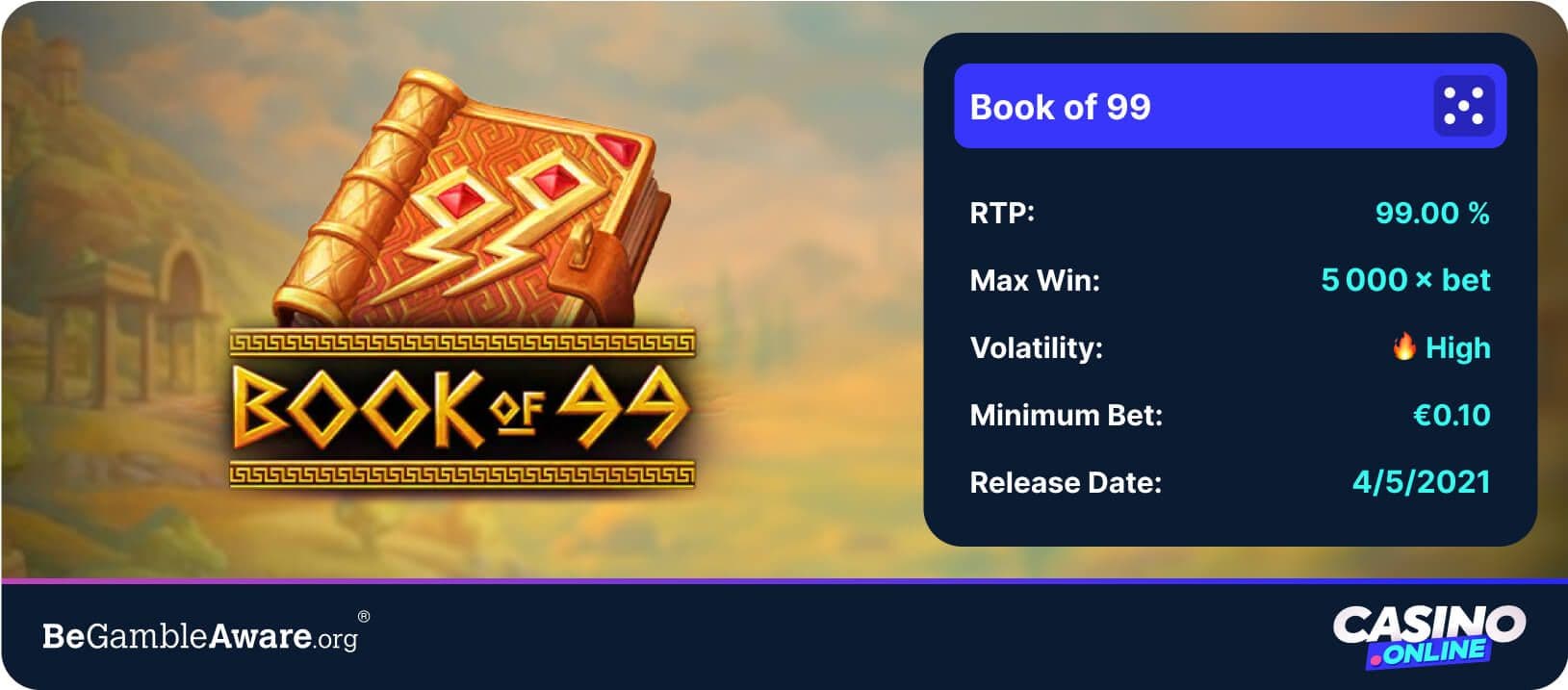 Book of 99 slot overview showing 99.00% RTP, high volatility, €0.10 minimum bet, and 5,000x max win for best RTP slots page.