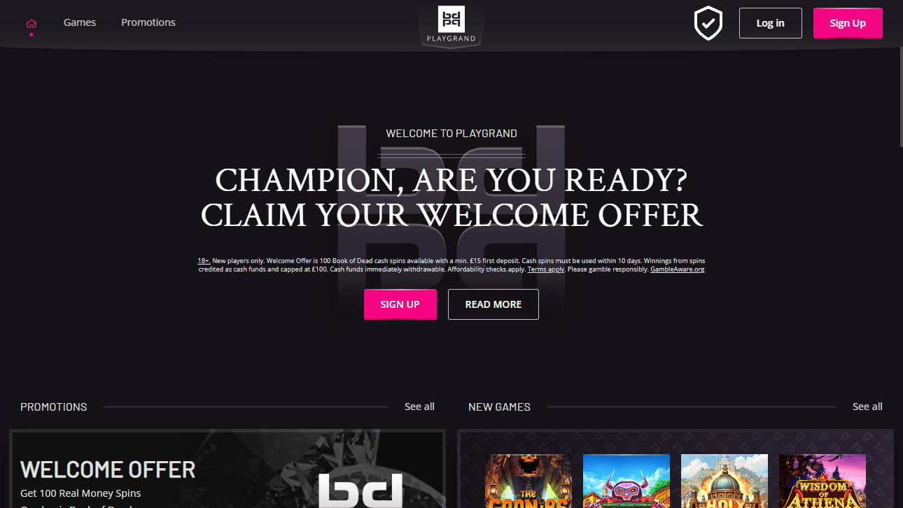 PlayGrand online casino homepage with welcome bonus offer banner, new games section, and promotional slots display.