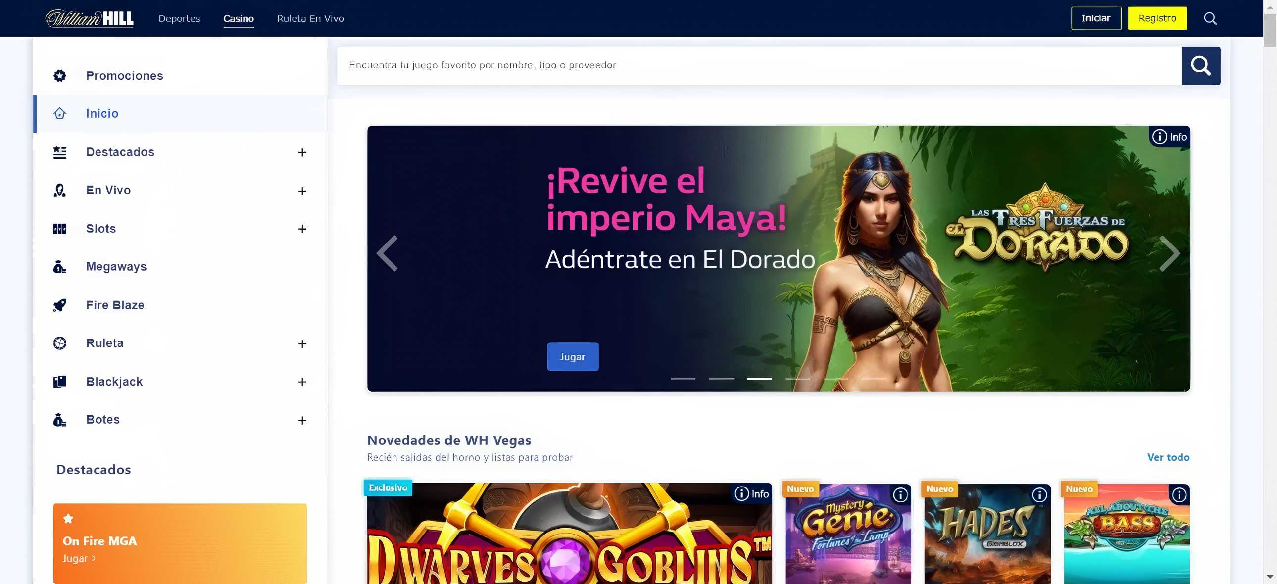 Sección de casino en William Hill.