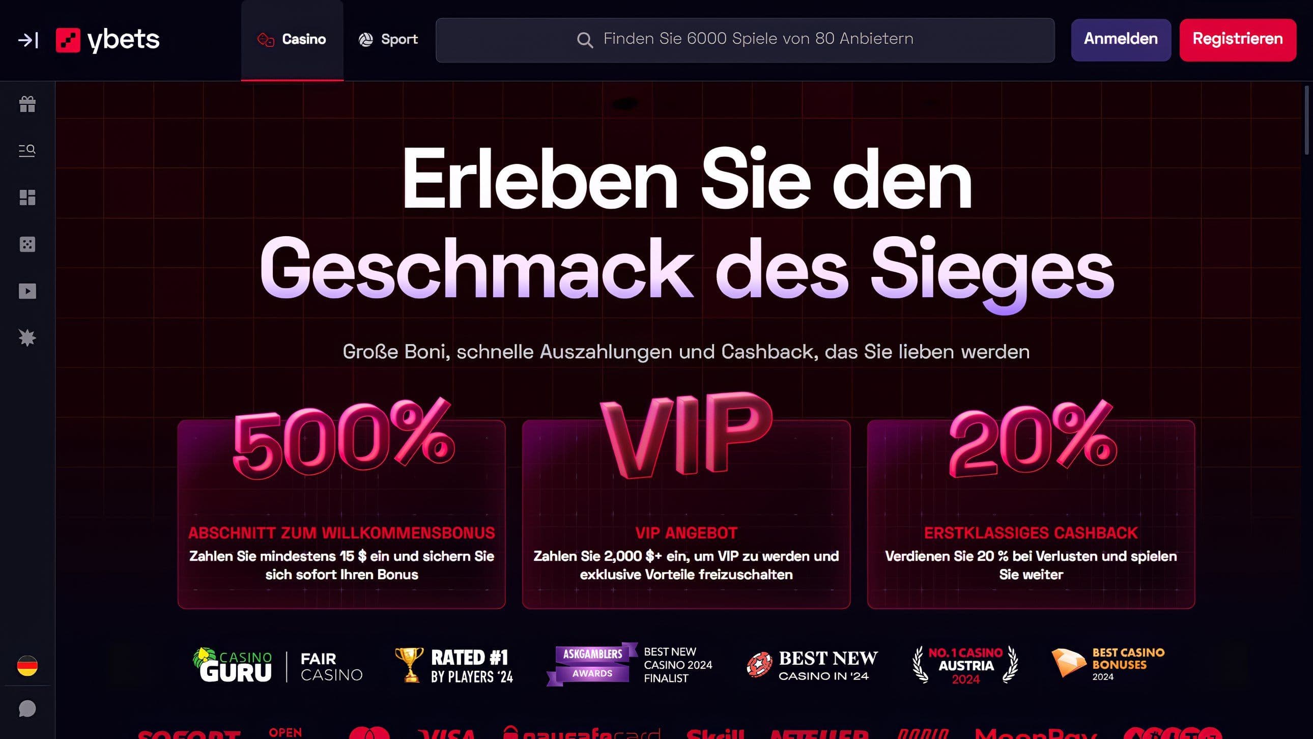 Ybets Casino Homepage Desktop