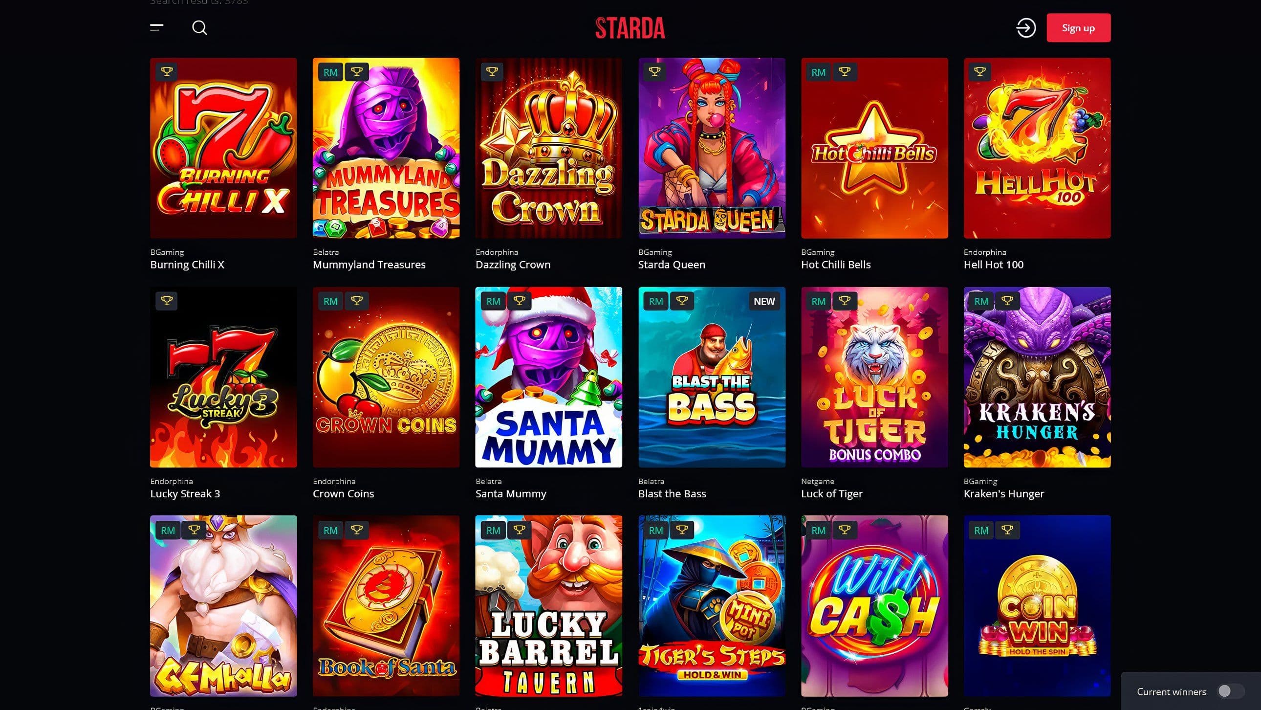 Starda Casino game library featuring 24 popular slot titles including Lucky 7, Santa Mummy, Golden Coins, Kraken's Treasure, and Tiger's Spirit with high RTP ratings