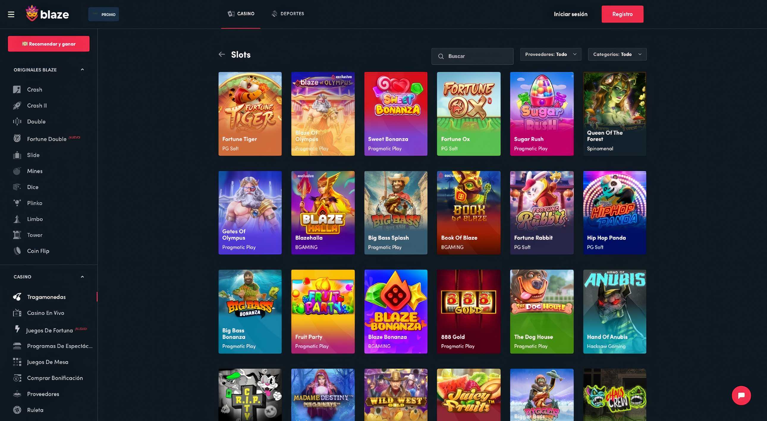 Catálogo de tragamonedas de Blaze casino.