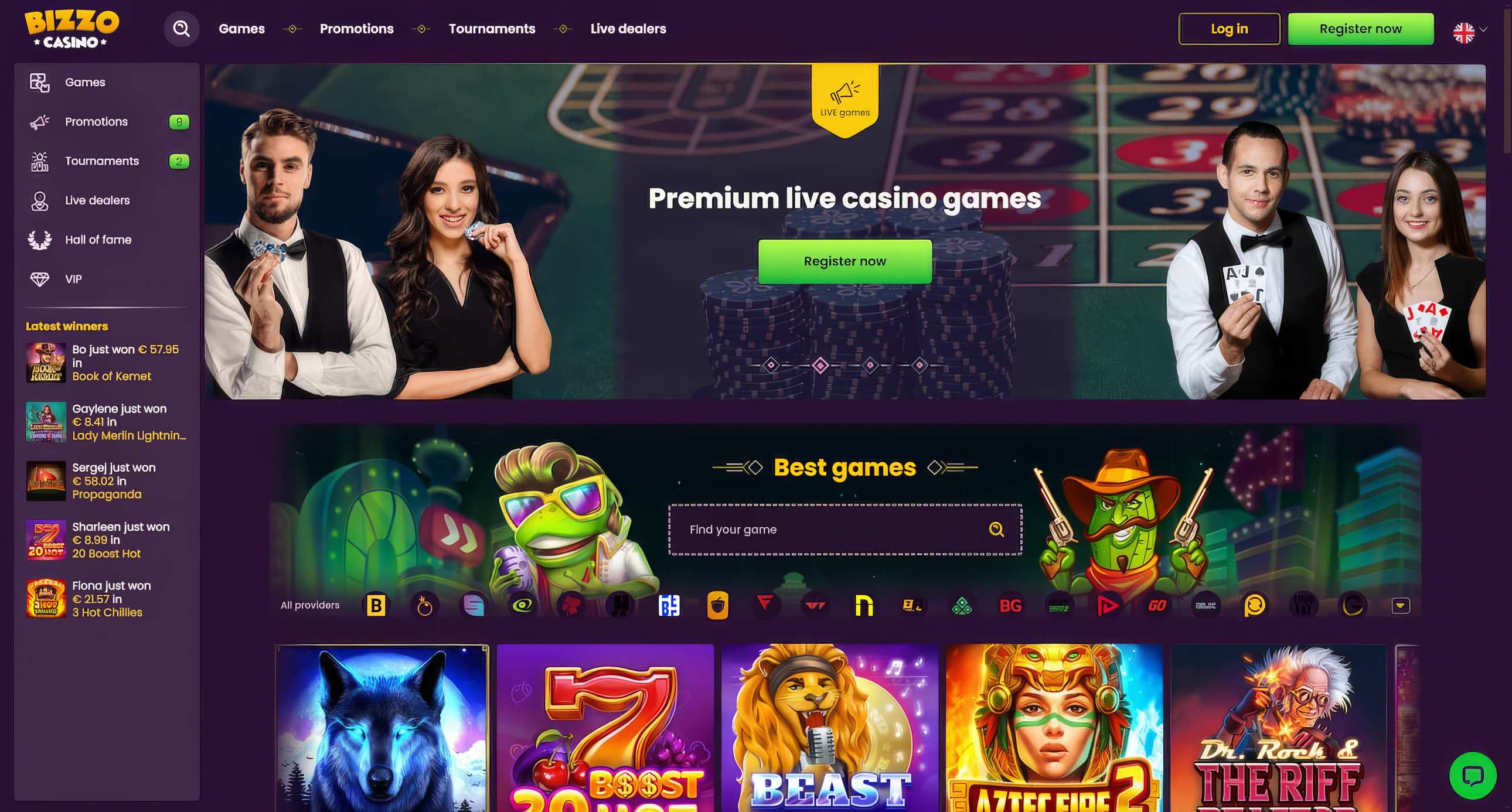 Bizzo Casino's homepage.