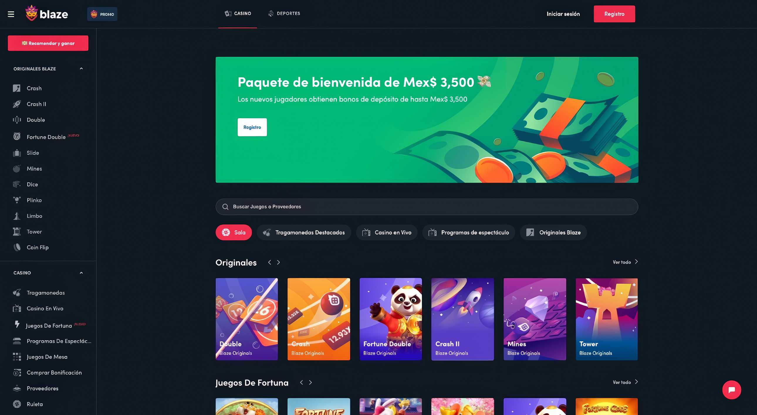 Web de Blaze casino con bono de bienvenida.