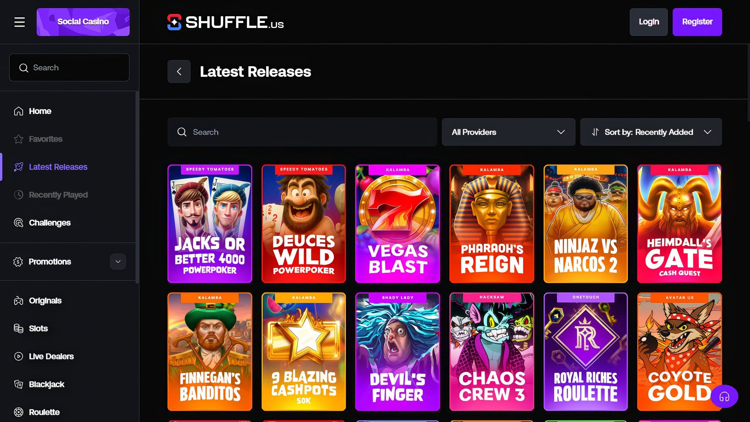 Shuffle Casino US latest releases page featuring new slot games like Jacks or Better, Deuce’s Wild, Vegas Blast for Casino.Online review.