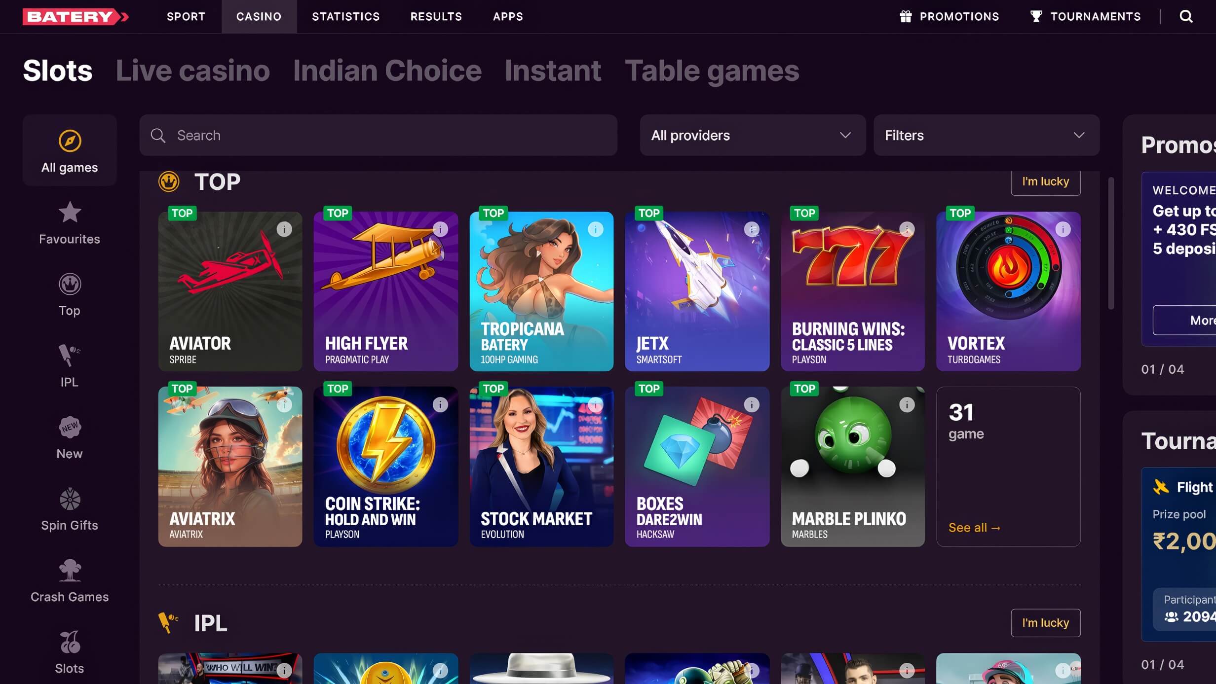 Batery Casino India Slots