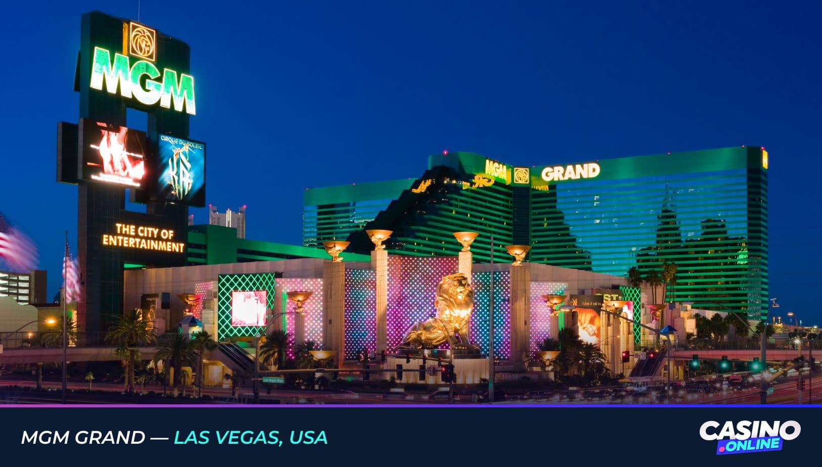 Night view of MGM Grand in Las Vegas, USA, showcasing the iconic green building, illuminated signage, and golden lion statue at the entrance.