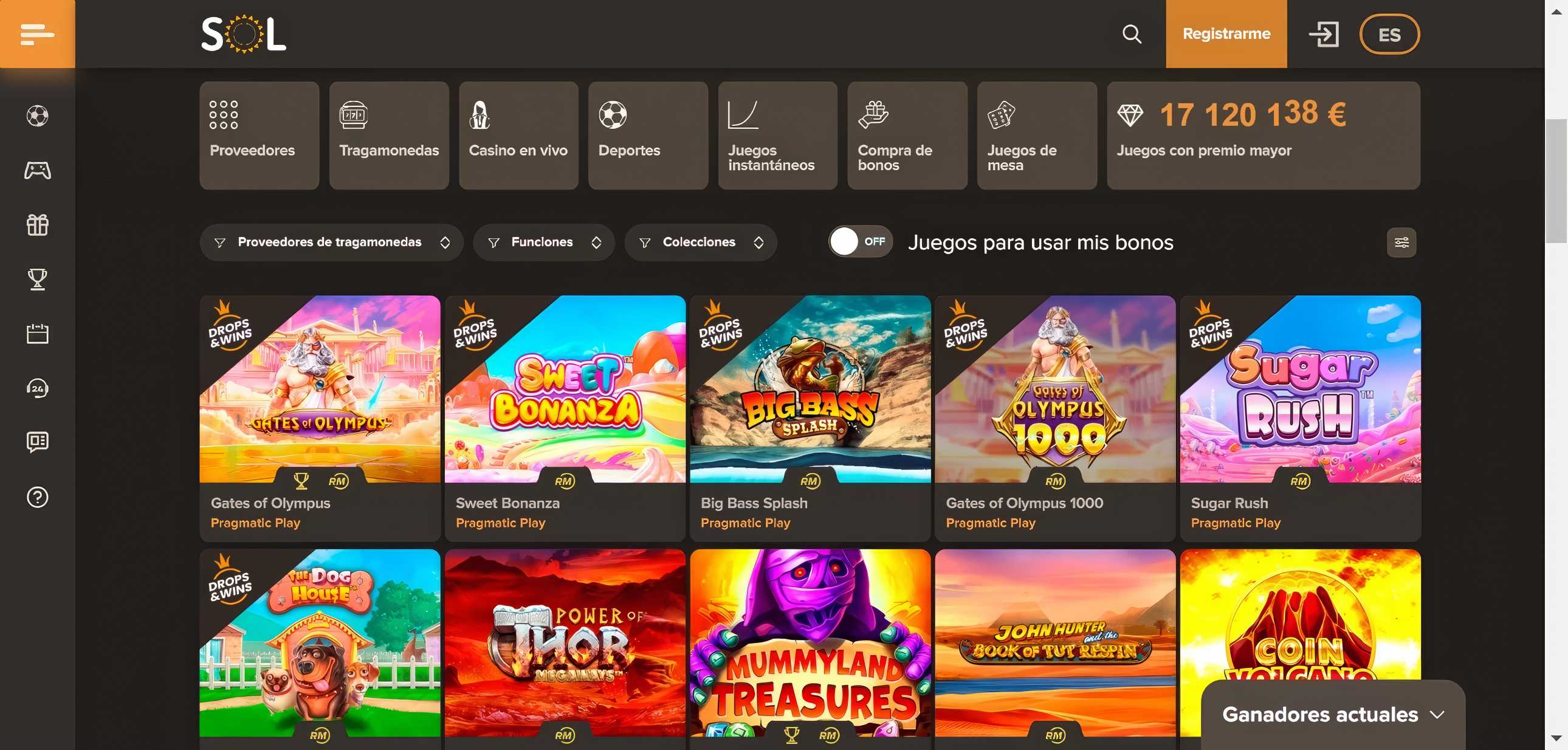 Página de tragamonedas de Sol Casino.
