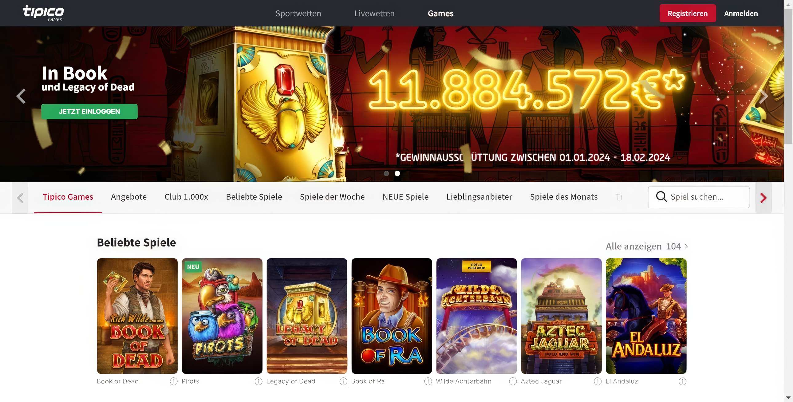 Tipico Games Homepage Desktop