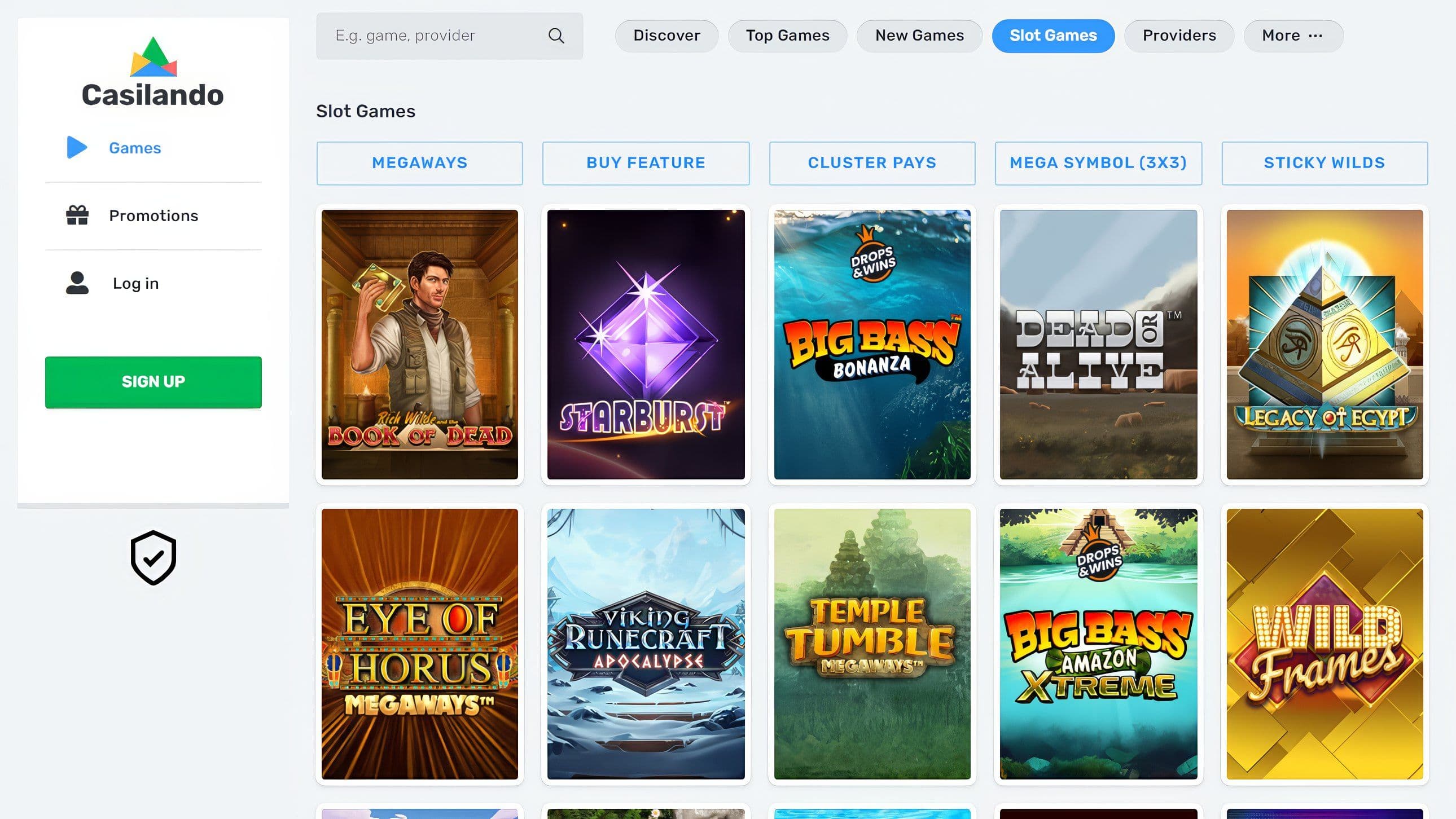 Casilando slot games library featuring Pharaoh, Big Bass Splash, Temple Tumble, Eye of Horus, Starburst, and more online casino slots.