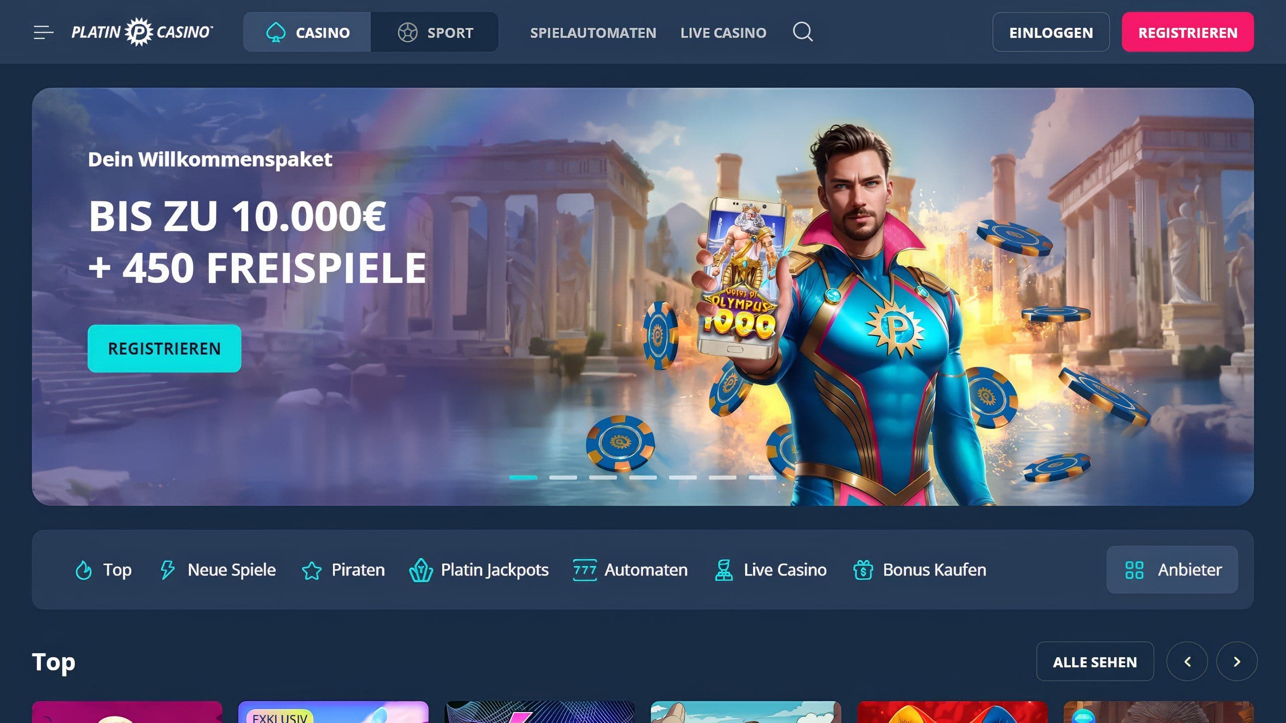 Platin Casino Homepage Desktop