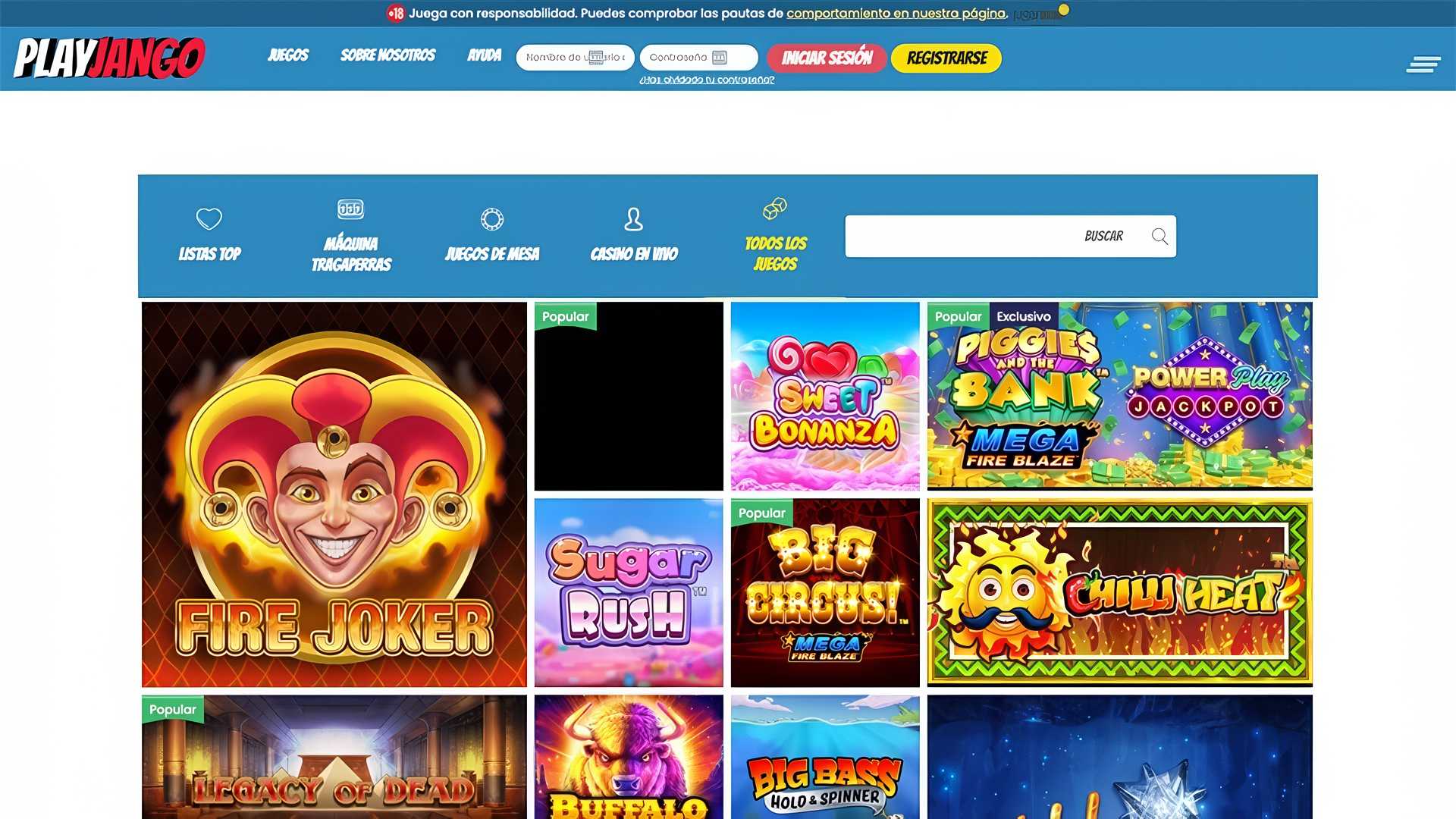 Página de slots de casino de PlayJango