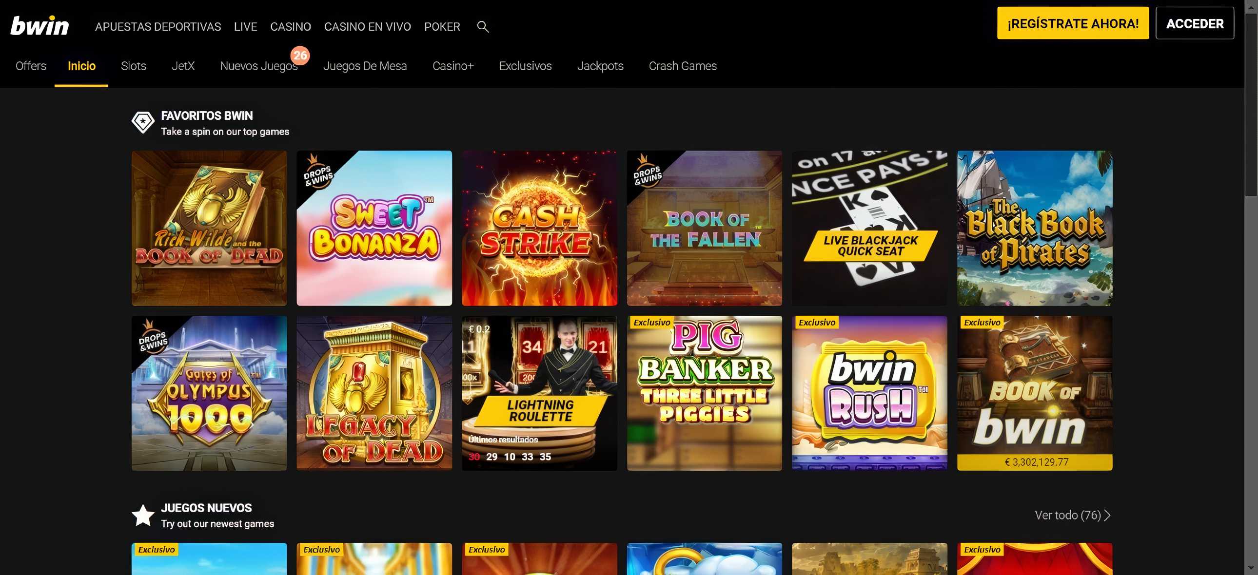 Sección de casino de Bwin.
