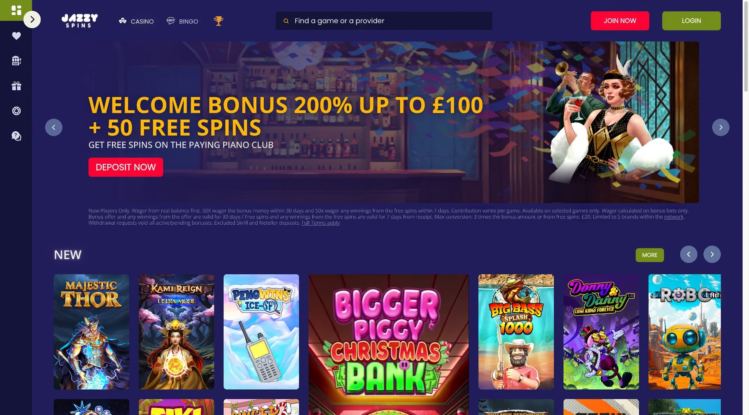 JazzySpins Casino homepage showcasing game library, search bar, and navigation menu layout.