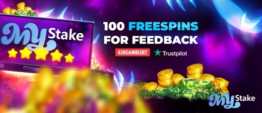 Mystake Casino's "100 Free Spins for Feedback" promotional poster.